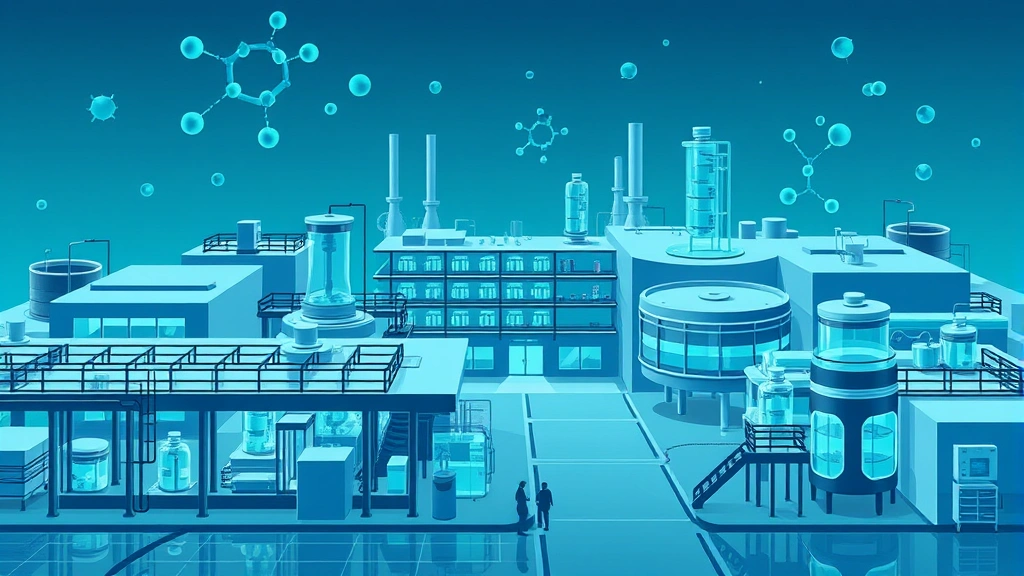 Conceptual illustration of a modern pharmaceutical manufacturing campus