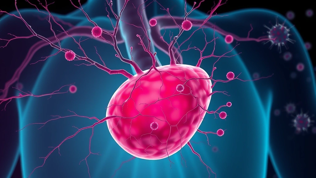 Conceptual illustration of nerve fibers branching into a tumor