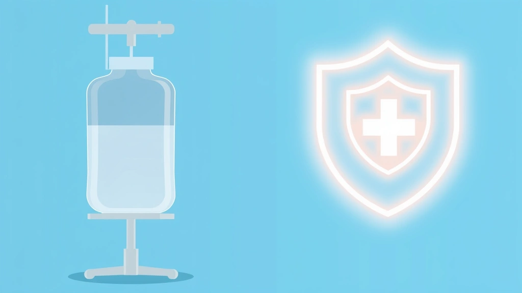 Illustration of an IV infusion bag beside a softly glowing shield symbol