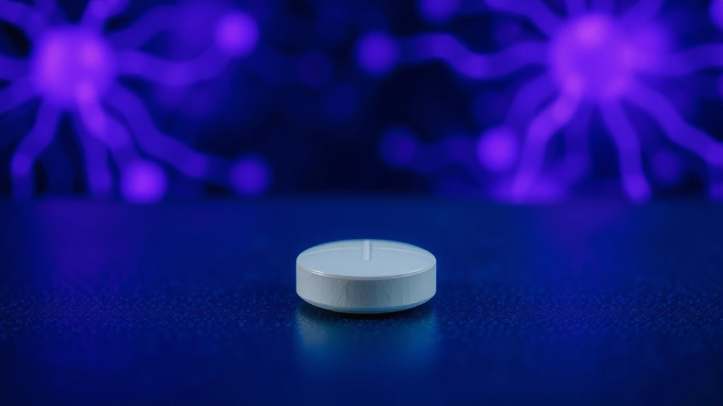 Illustration of a single daily pill beside an abstract glowing neural network