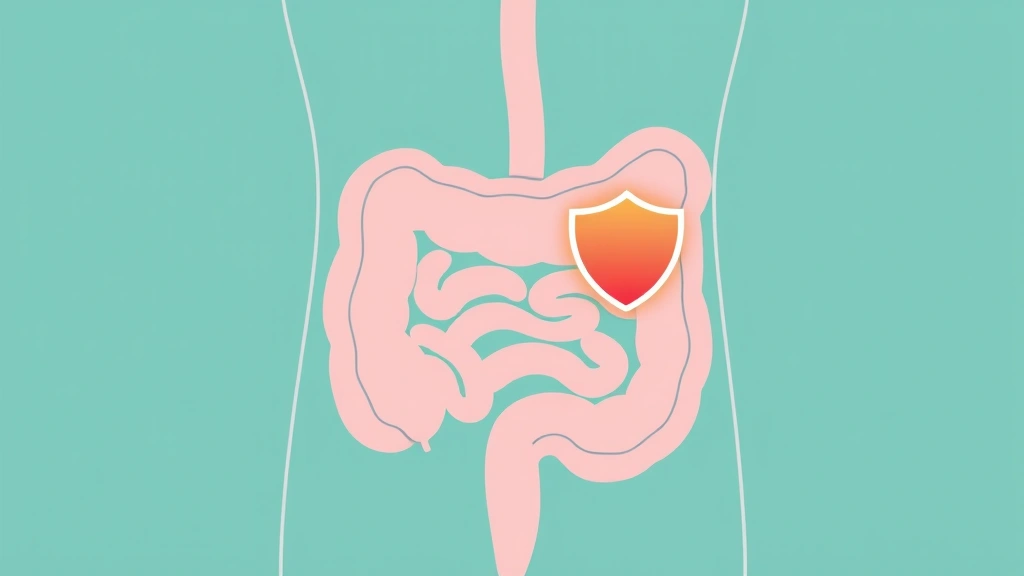 Illustration of immune cells surrounding tumor cells near a stylized colon