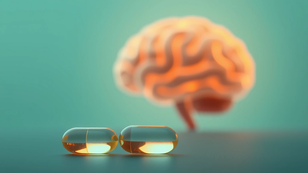 Illustration of supplement capsules near an abstract glowing brain