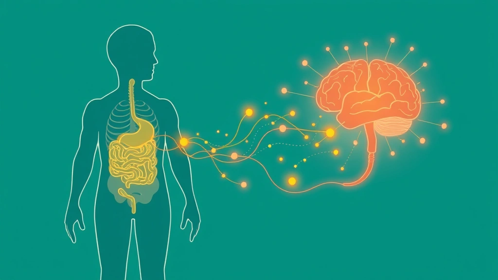 Illustration linking the human gut and brain with a flowing stream of small molecules