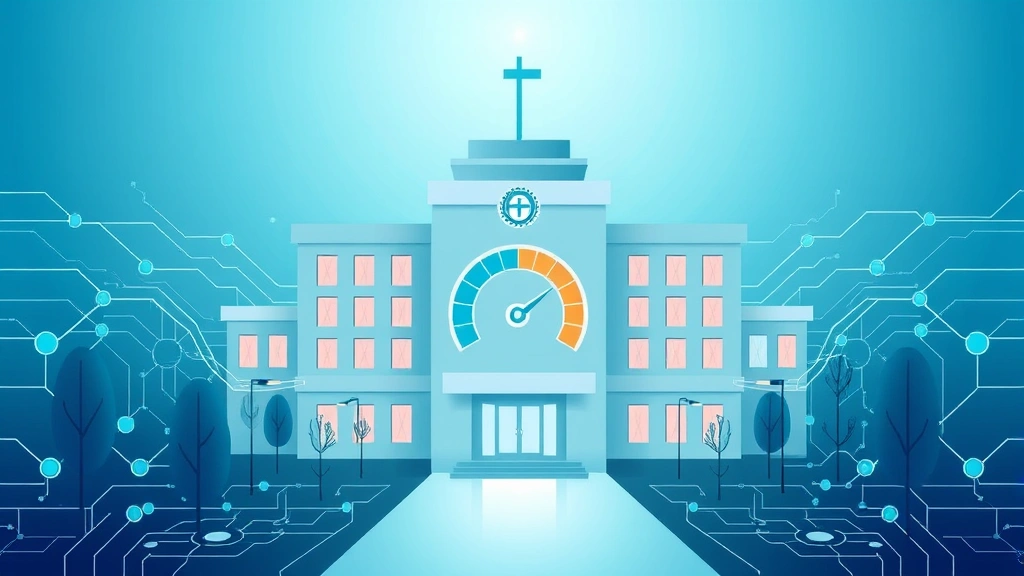 Conceptual illustration of a hospital, AI network and an oversight gauge