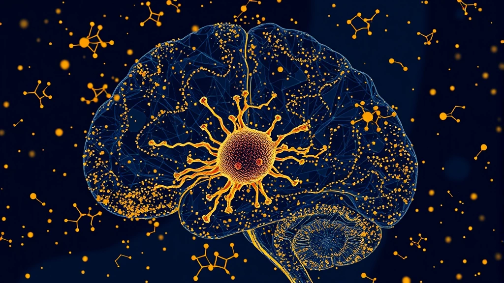 Conceptual illustration of microproteins mapped across brain tissue with a microglia cell