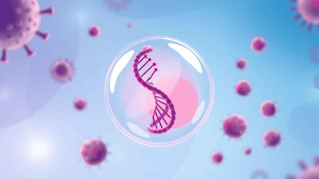 Illustration of an mRNA strand inside a lipid nanoparticle with immune cells nearby
