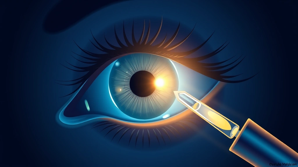 Conceptual illustration of an eye, retina and a dropper with light motif