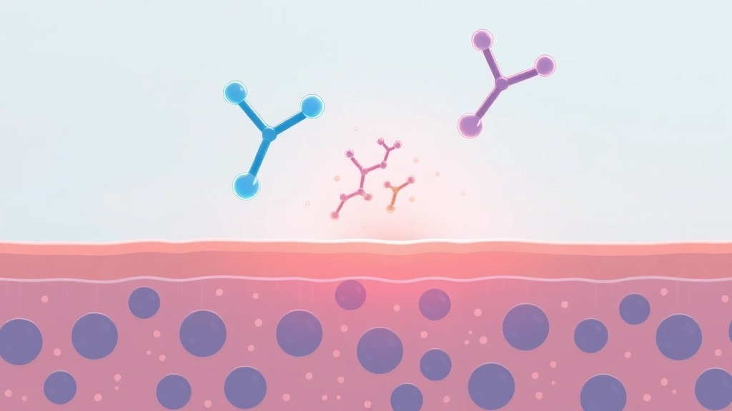 Illustration of Y-shaped antibodies intercepting immune signaling molecules near skin cells