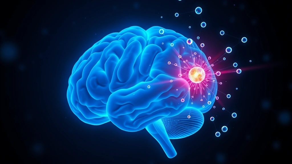 Conceptual illustration of a glowing brain tumor and nanoparticles