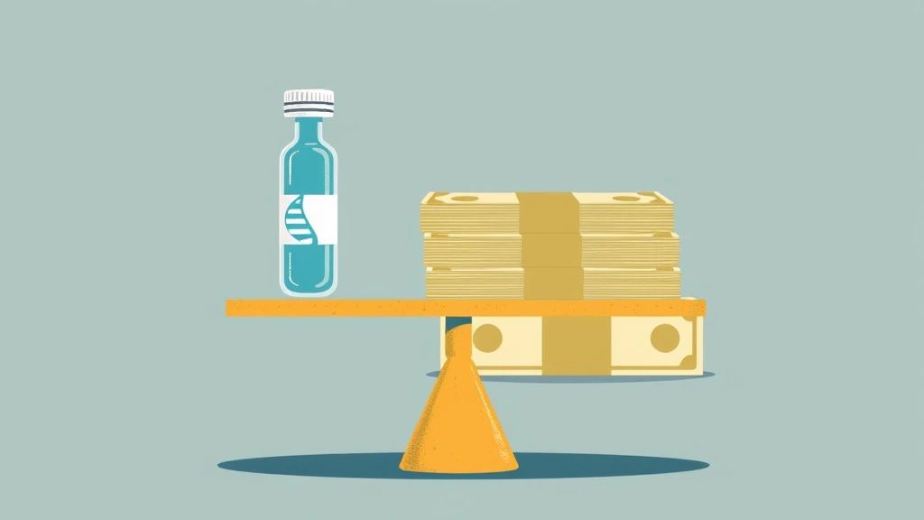 Conceptual illustration of a gene-therapy vial balanced against a stack of money