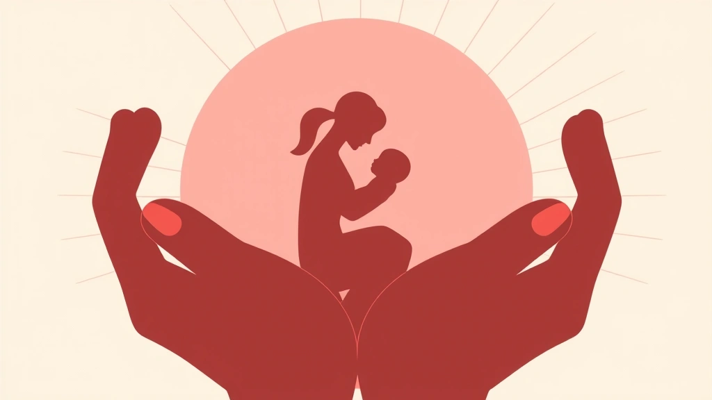 Conceptual illustration of protective hands around a stylized mother and infant over a map motif representing care access