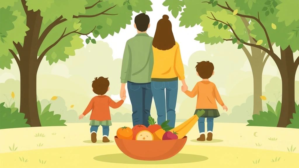 Illustration of a family walking together outdoors with healthy food nearby